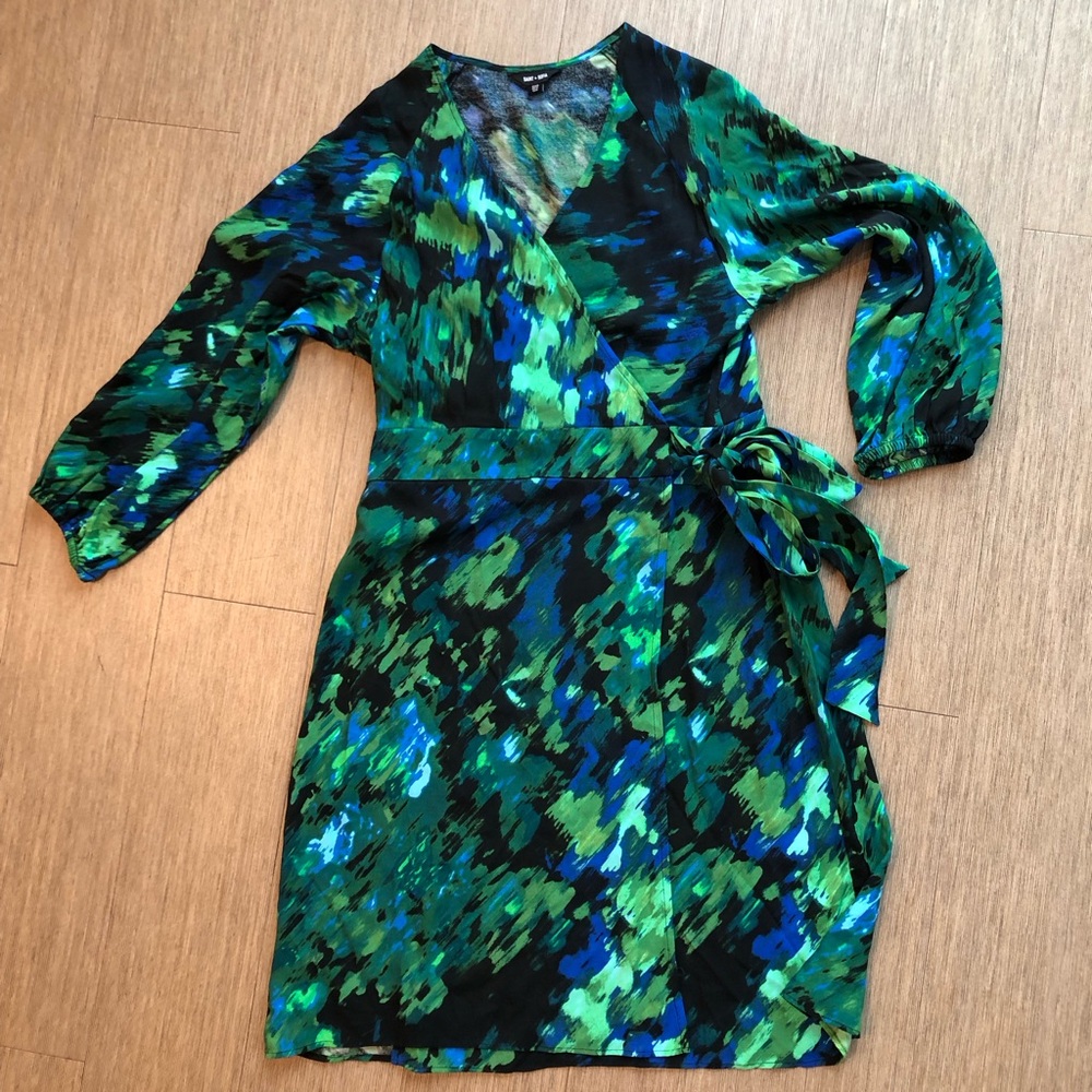 Women’s Green & Blue Abstract Wrap Dress with Long Sleeves